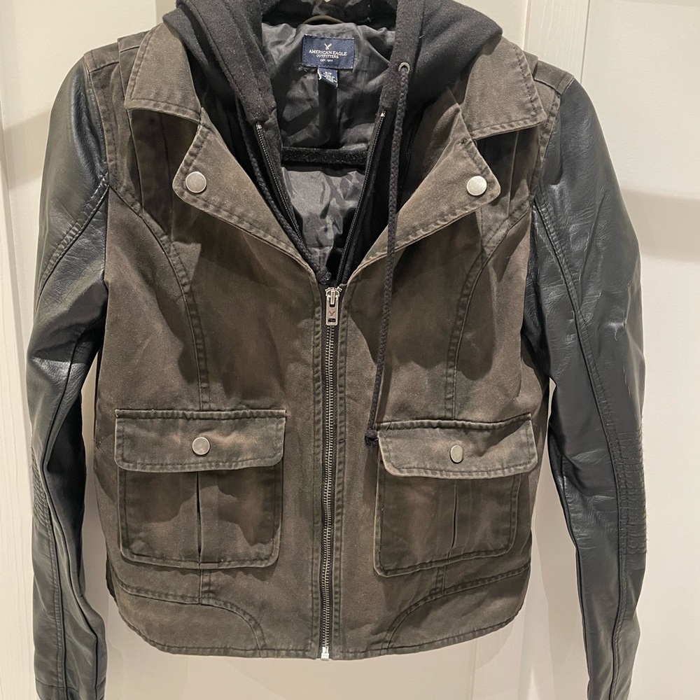 American Eagle Outfitters Black denim and leather cropped jacket